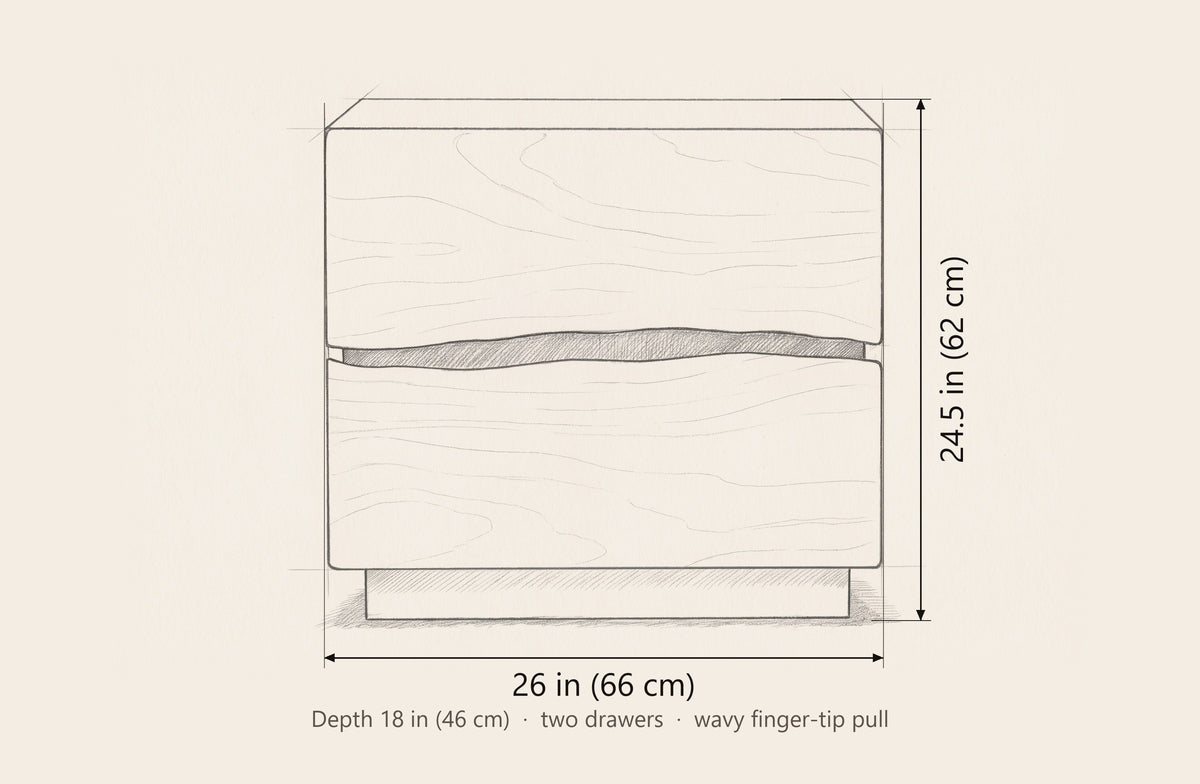 Barumini nightstand dimensions: 26 in wide, 24.5 in high, 18 in deep