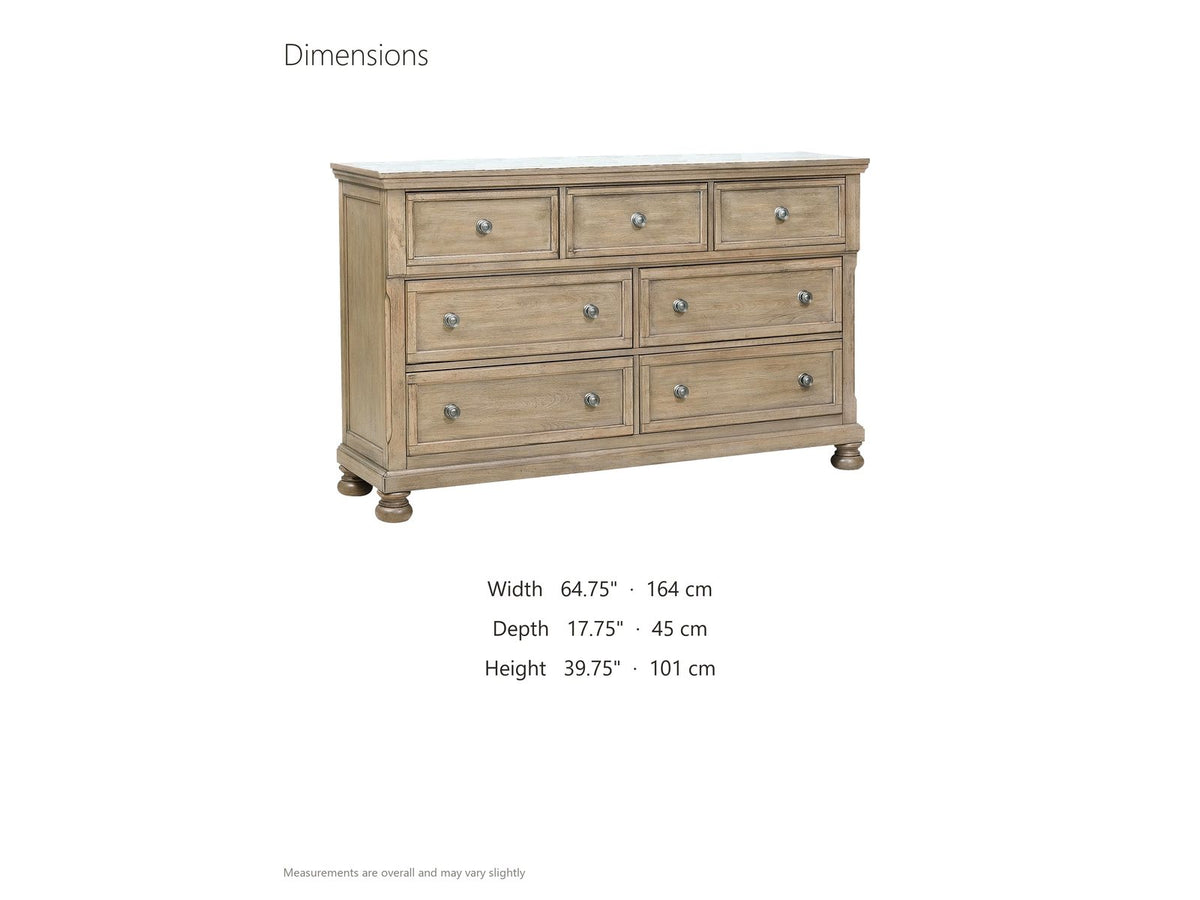 Bassano 65-Inch Wire-Brushed Driftwood Gray 7-Drawer Dresser dimensions: 64.75 in wide, 17.75 in deep, 39.75 in high