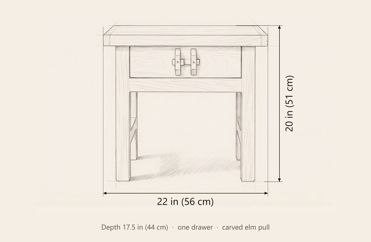 Baunei nightstand dimensions: 22 in wide, 20 in high, 17.5 in deep
