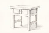 Pencil sketch of the Baunei nightstand, drawn from the same three-quarter view