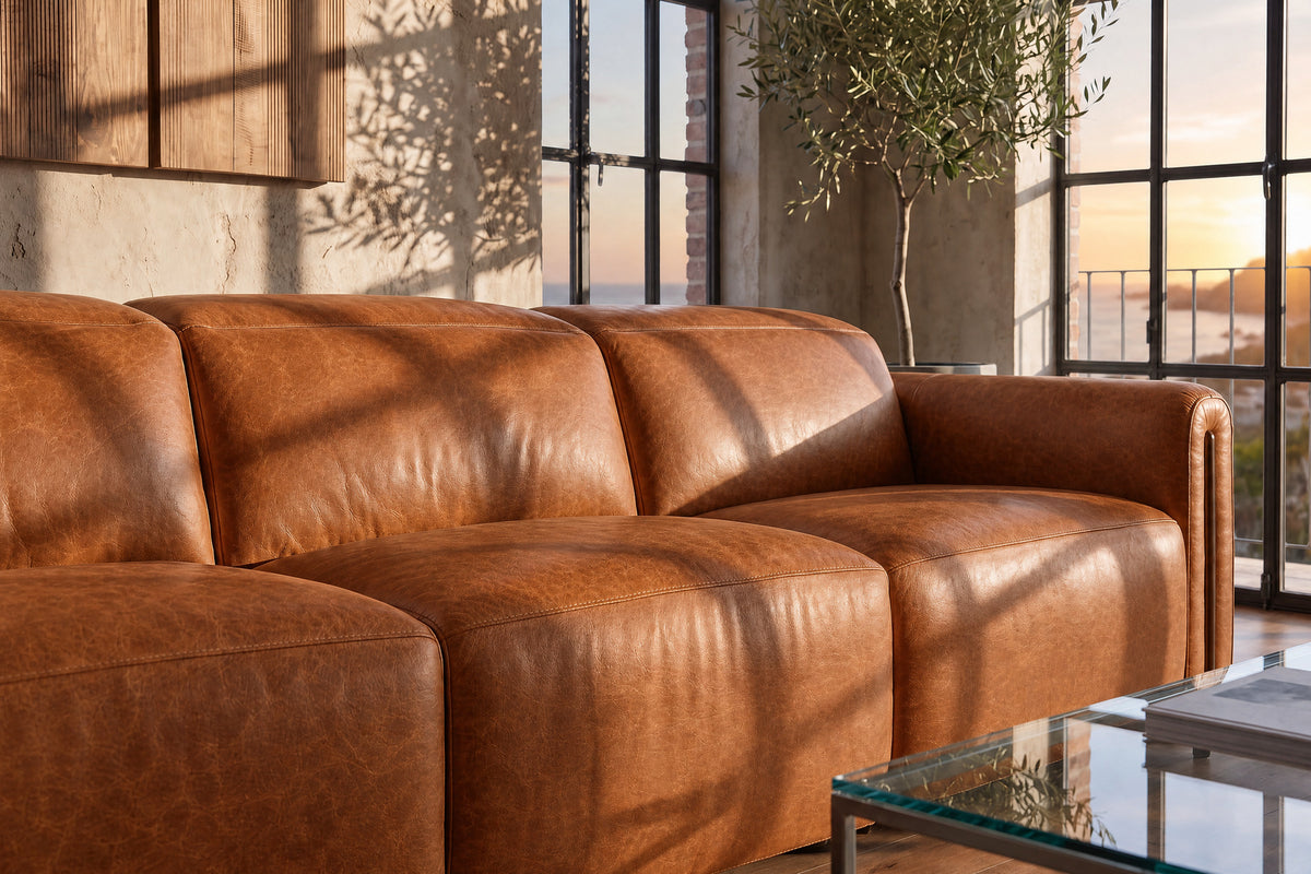 Octavia Distressed Italian Aniline Leather Dual Reclining Sofa