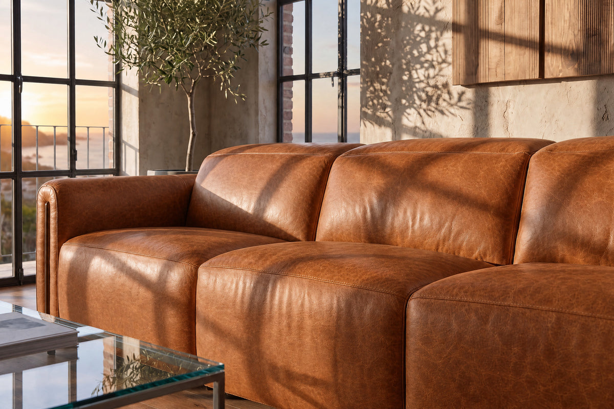 Octavia Distressed Italian Aniline Leather Reclining Corner Sectional Sofa