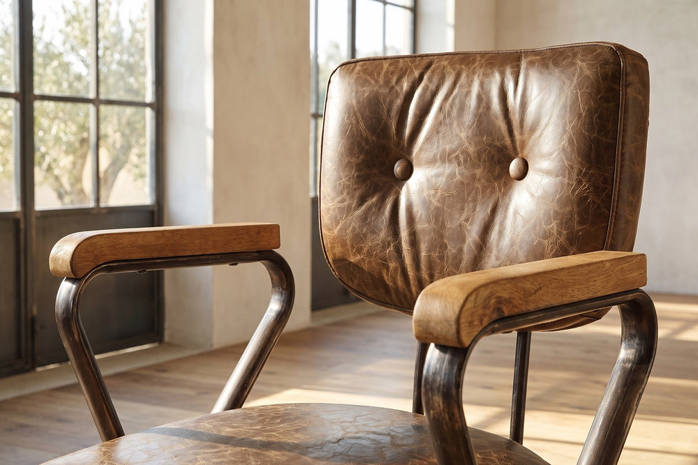 Close-up of the Belcastro Top-Grain Leather Swivel Desk Chair with Wood Arms: back