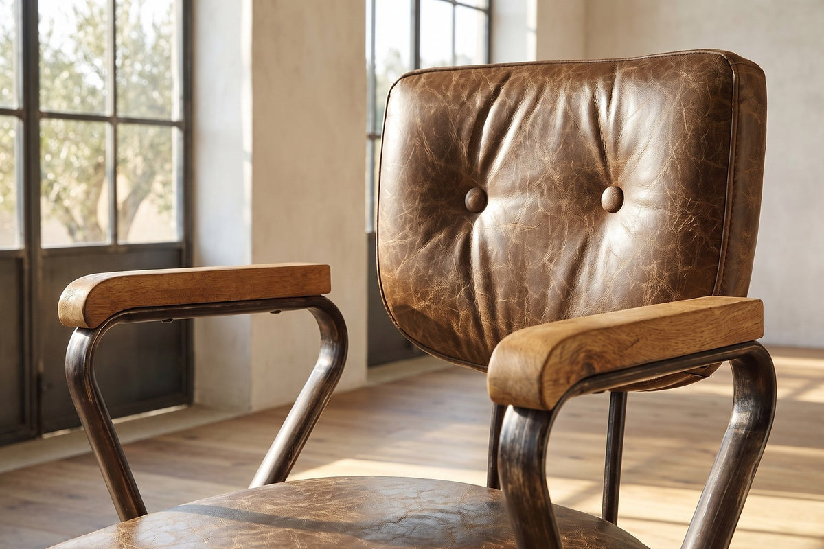 Close-up of the Belcastro Top-Grain Leather Swivel Desk Chair with Wood Arms: back