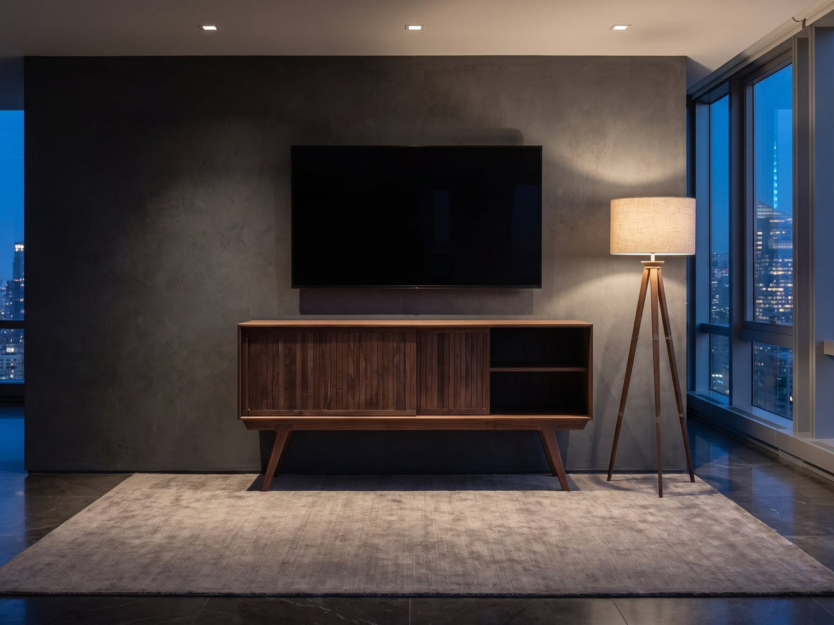 Belluno Solid Walnut Media Cabinet under a wall-mounted screen in a city penthouse at blue hour