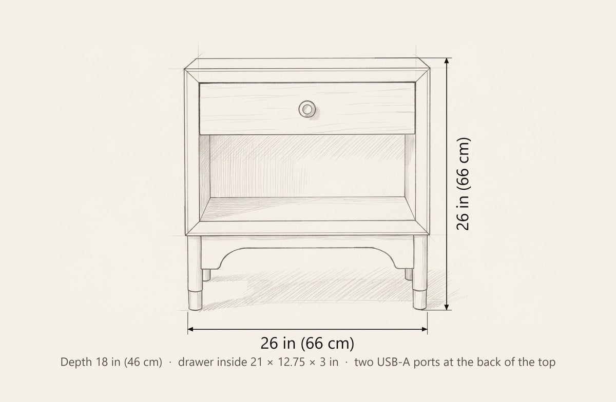 Berchidda nightstand dimensions: 26 in wide, 26 in high, 18 in deep