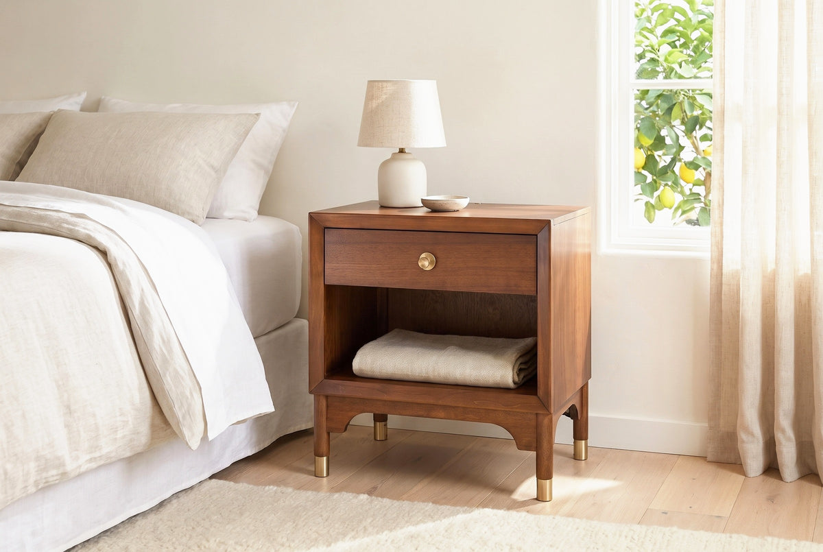 Berchidda nightstand in a Silver Lake bedroom with warm white plaster walls, linen curtains and a lemon tree outside the window