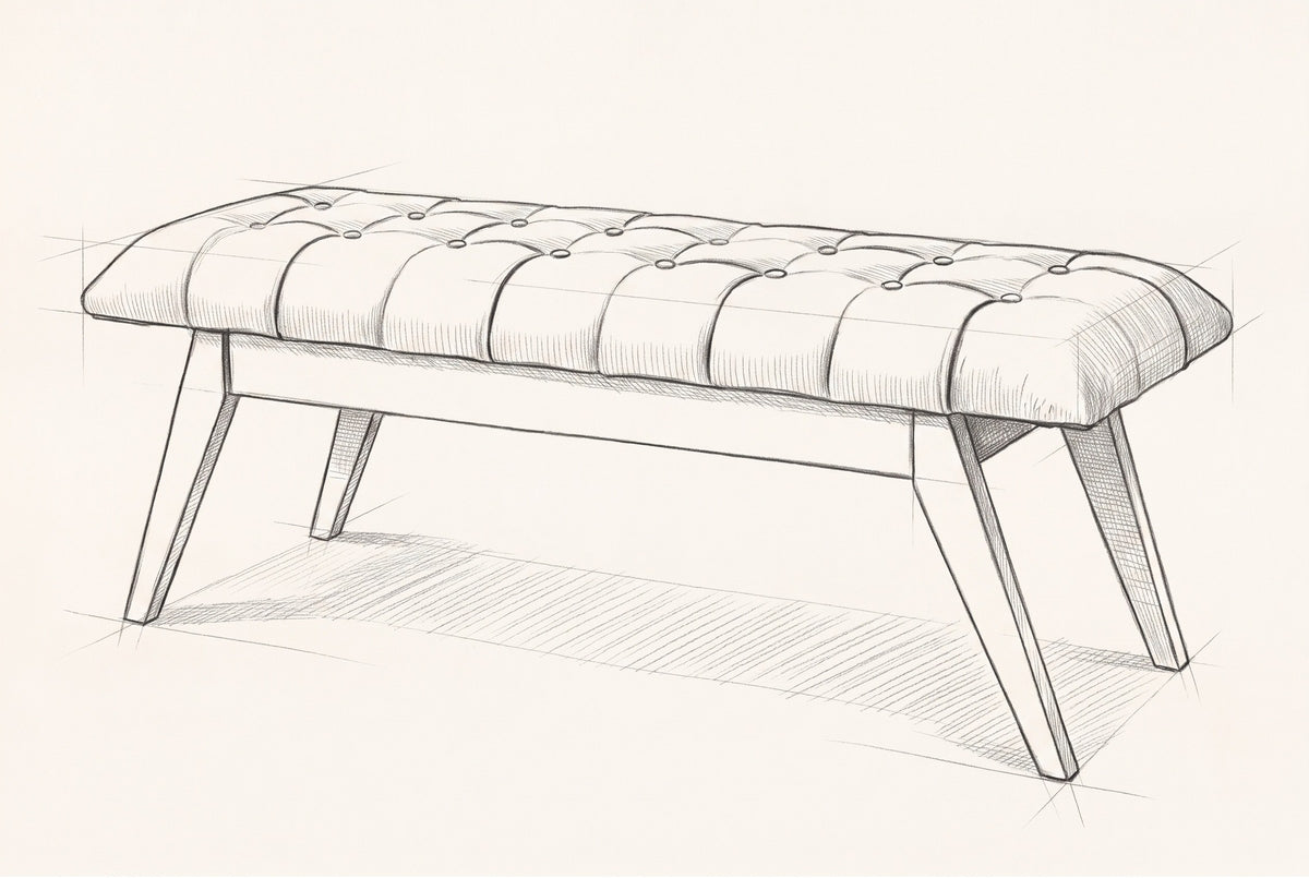 Pencil sketch of the Bevagna bench, drawn from the same three-quarter view