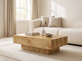 Biella 43-Inch Rectangular Burl Wood Veneer Coffee Table styled with books, a vase and a stone bowl in front of a cream sofa in a bright plaster room