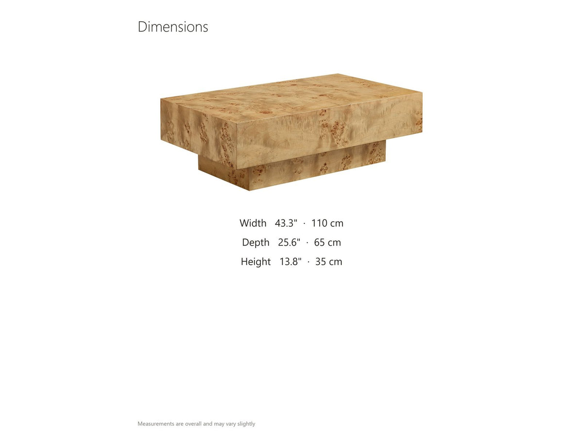 Biella 43-Inch Rectangular Burl Wood Veneer Coffee Table dimensions: 43.3 in wide, 25.6 in deep, 13.8 in high