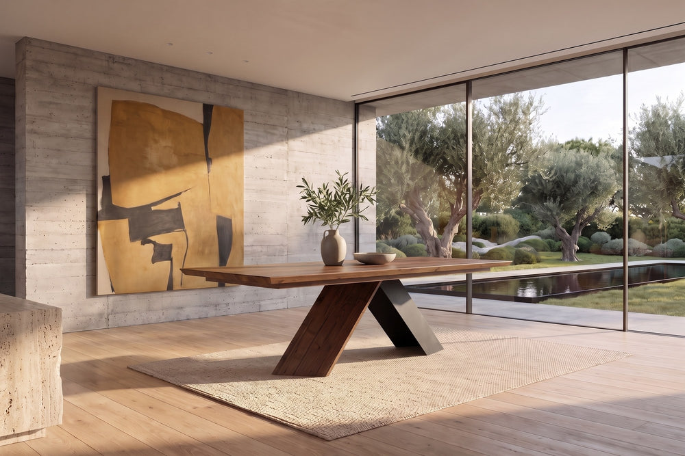 Bisignano 80-Inch Rectangular Solid Walnut Dining Table in a sunlit villa dining room