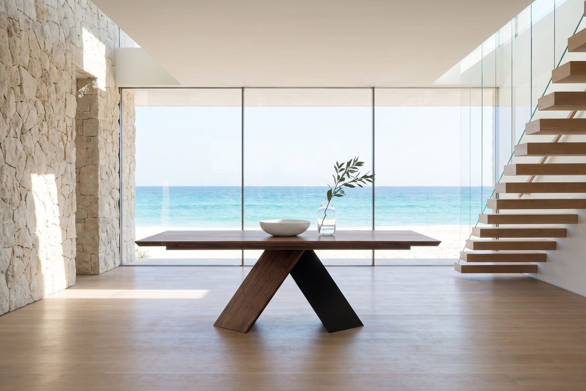 Bisignano 80-Inch Rectangular Solid Walnut Dining Table in an oceanfront glass house