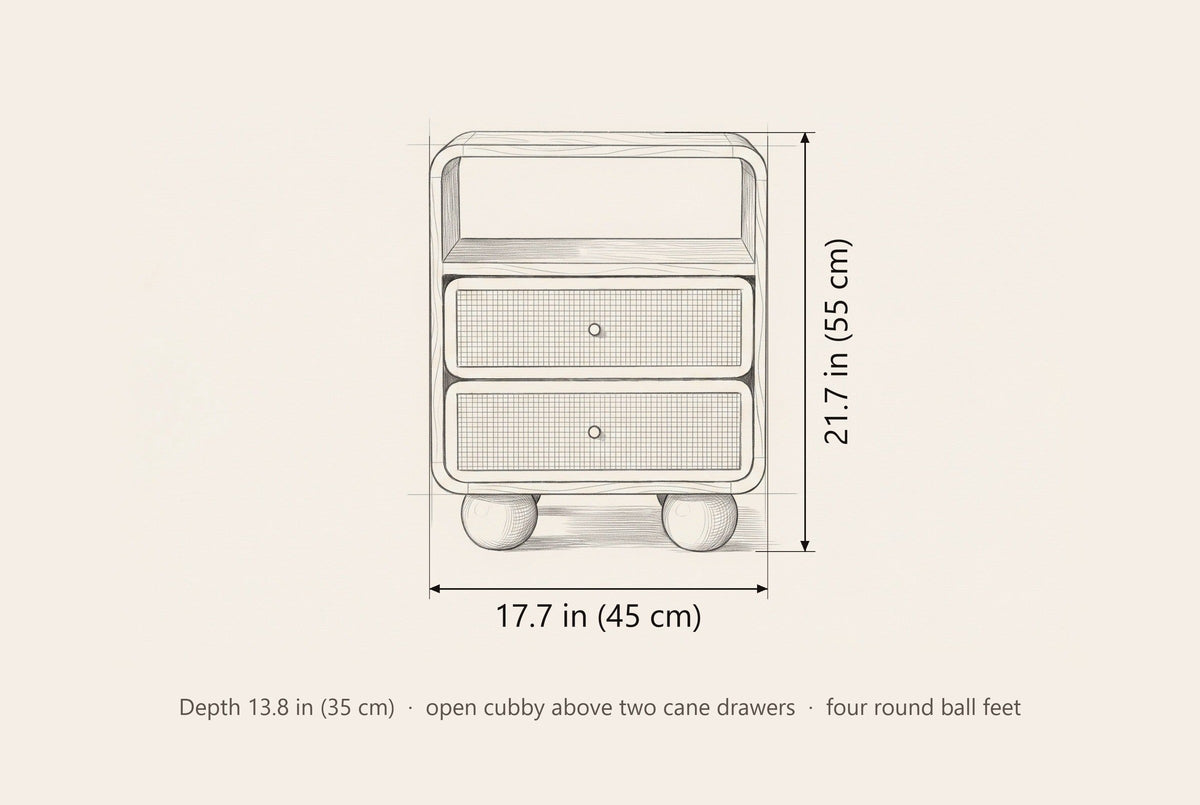 Bitti nightstand dimensions: 17.7 in wide, 21.7 in high, 13.8 in deep