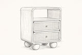 Pencil sketch of the Bitti nightstand, drawn from the same three-quarter view