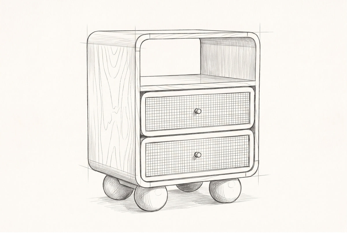 Pencil sketch of the Bitti nightstand, drawn from the same three-quarter view