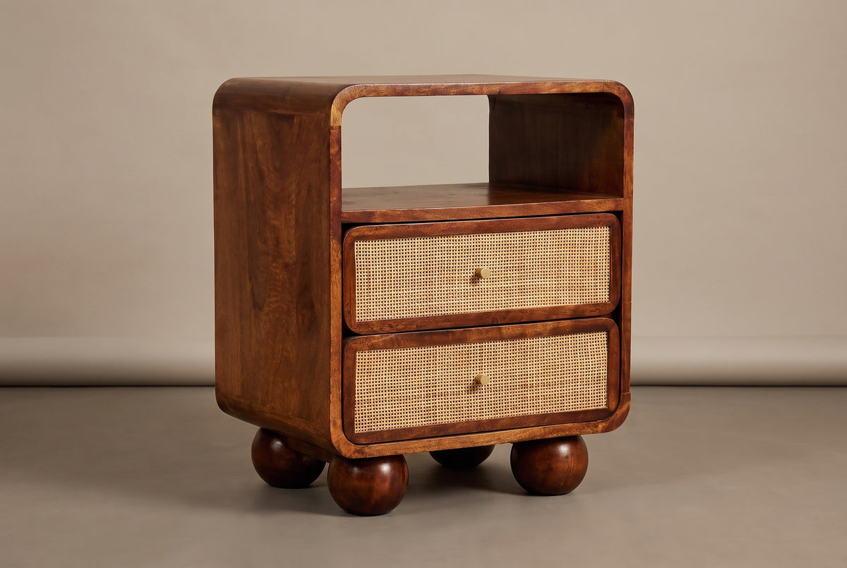 The Bitti nightstand in chestnut mango with an open cubby, two cane drawers and four round wooden feet, three-quarter view on a light studio backdrop