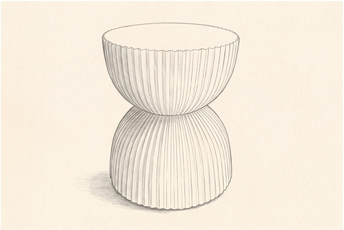 Pencil sketch of the Bivona ribbed hourglass side table, three-quarter view