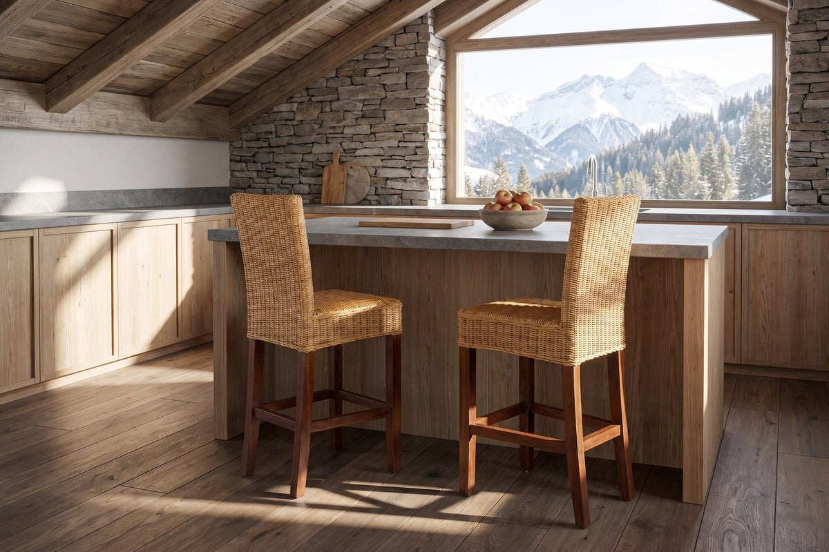 Bocchigliero Woven Rattan and Mahogany Counter Stool in an alpine chalet