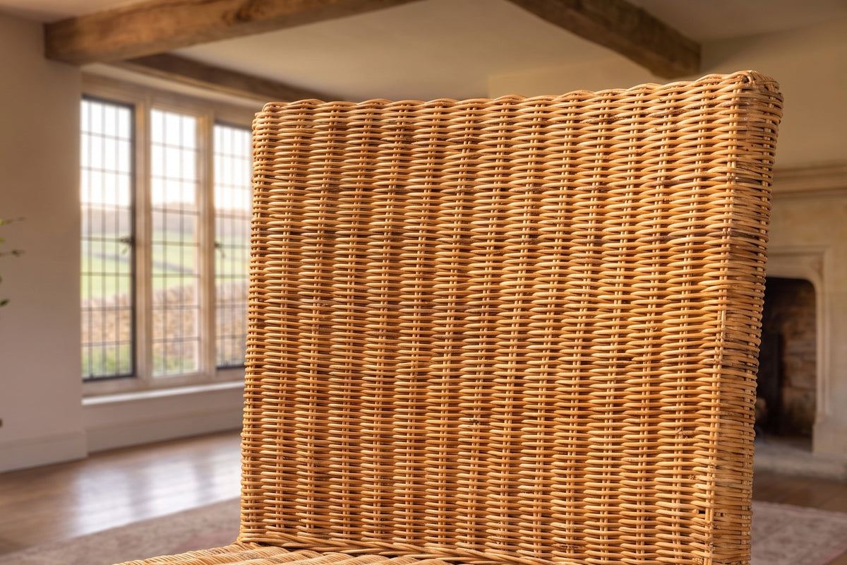 Close-up of the Bocchigliero Woven Rattan and Mahogany Counter Stool: weave