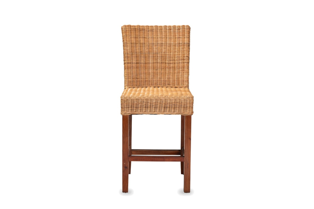 Bocchigliero Woven Rattan and Mahogany Counter Stool, front view