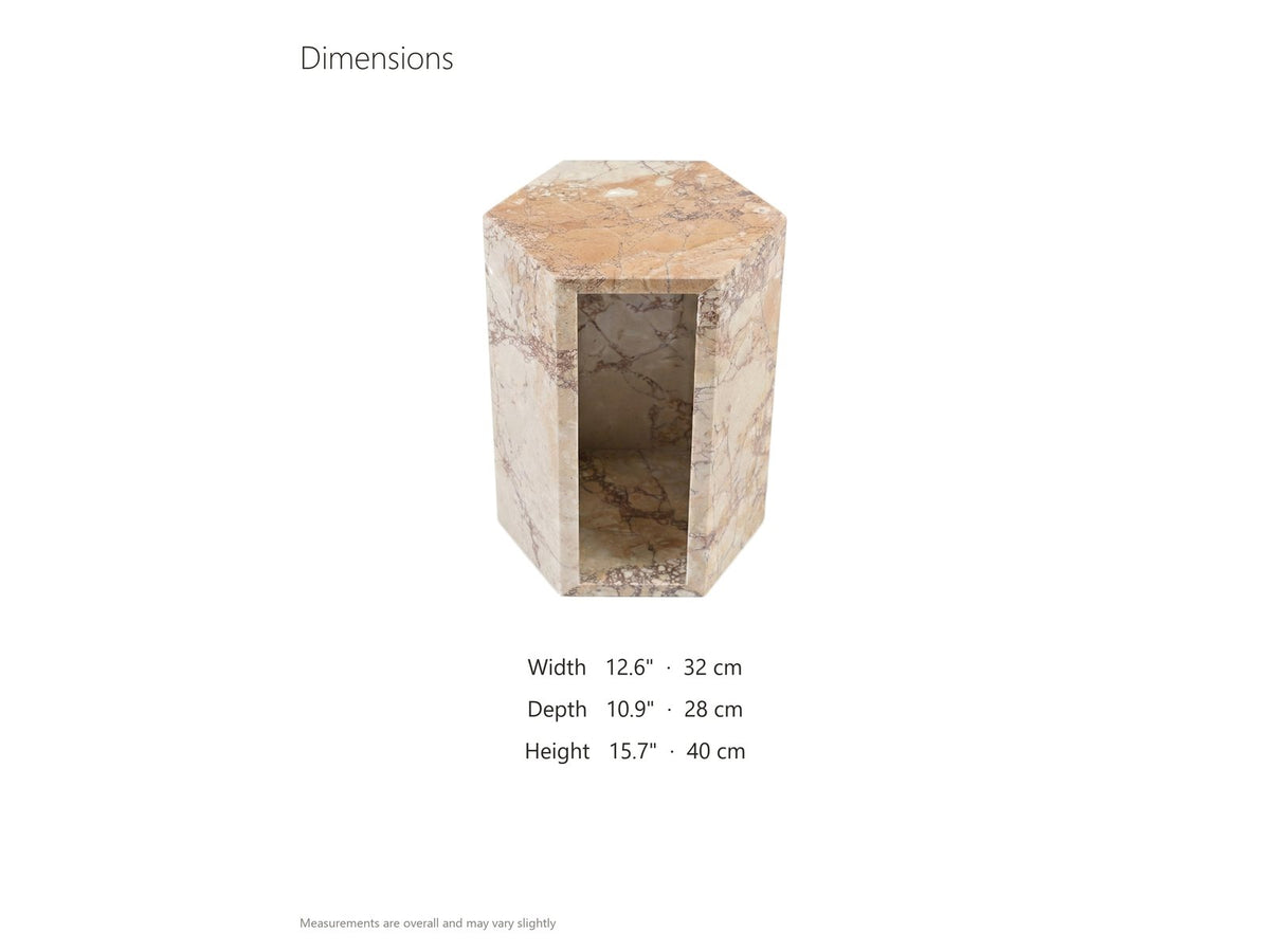 Bojano Rosa Marble Hexagon Side Table dimensions: 12.6 in wide, 10.9 in deep, 15.7 in high