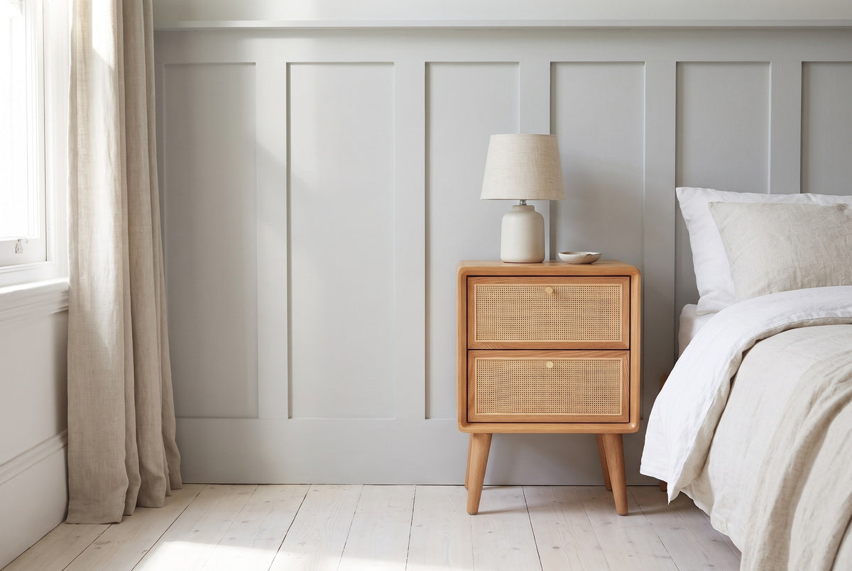 Bono oak and cane two-drawer nightstand with a ceramic lamp beside a bed in a Charleston bedroom with a dove-grey panelled wall and a tall linen-curtained window