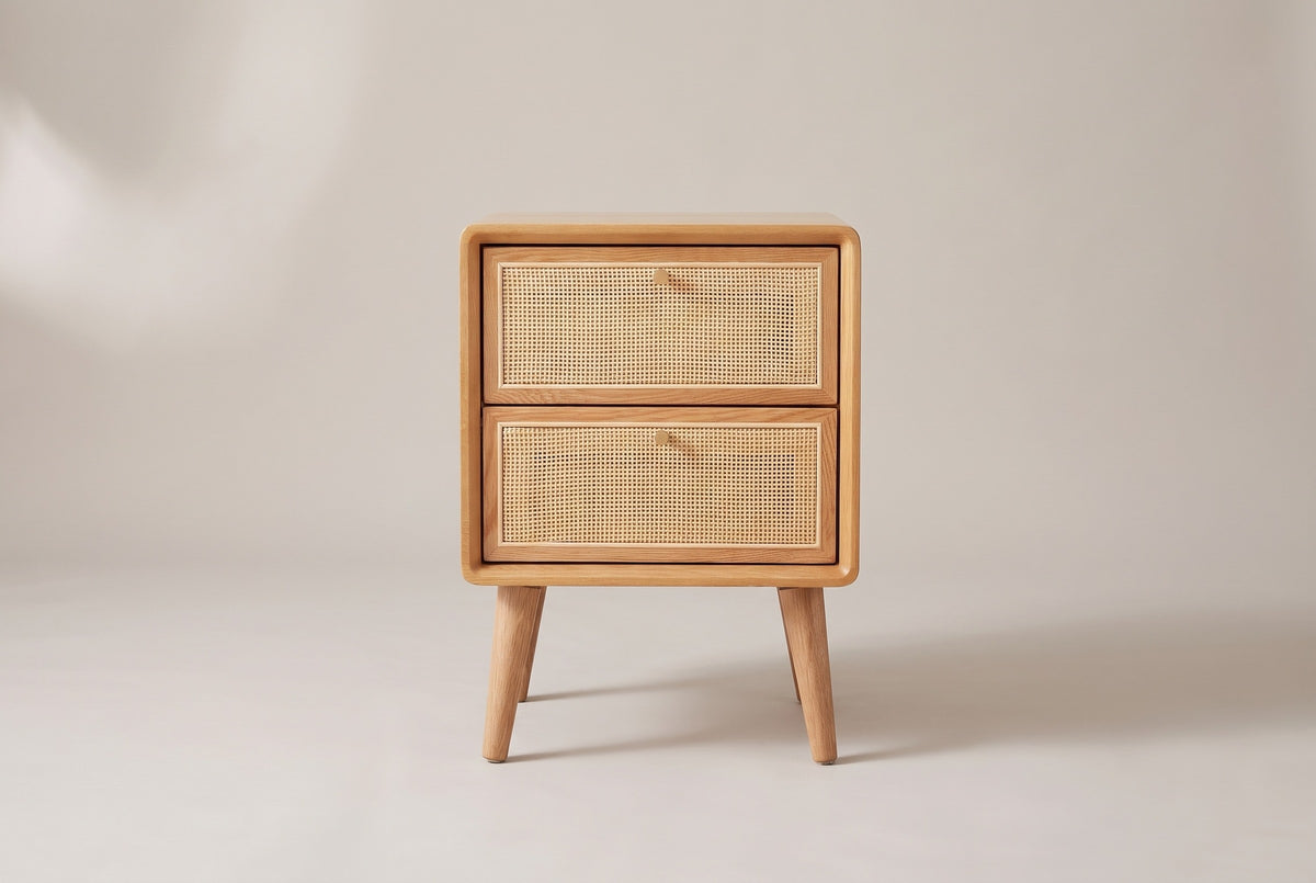 The Bono nightstand in light oak, front view on a light studio backdrop: two cane drawers with gold knobs and four splayed legs