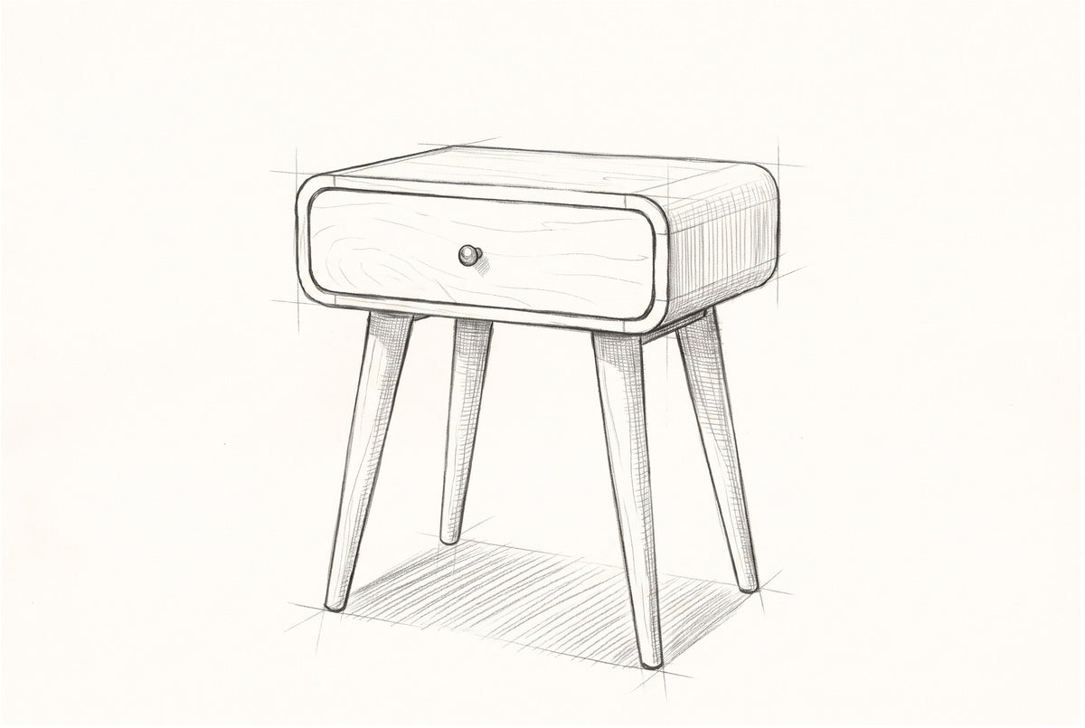 Pencil sketch of the Bonorva nightstand, drawn from the same three-quarter view
