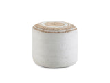 Bordighera Braided Jute and Cotton Round Pouf photographed on white: braided cotton sides and a jute top with cotton rings