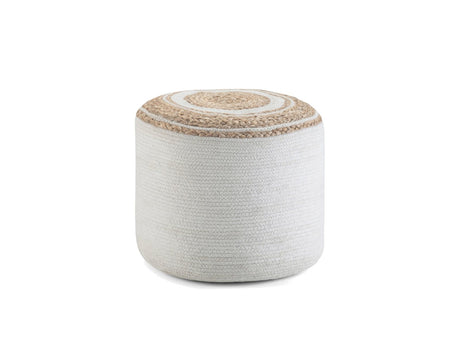Bordighera Braided Jute and Cotton Round Pouf photographed on white: braided cotton sides and a jute top with cotton rings