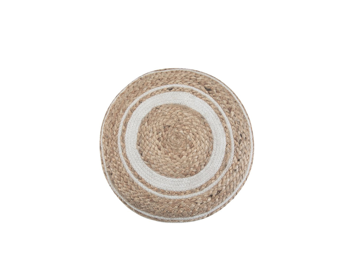 Bordighera Braided Jute and Cotton Round Pouf seen from above on white: the spiral-braided jute top with its off-white cotton rings