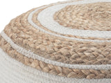 Close-up of the Bordighera Braided Jute and Cotton Round Pouf: the jute top rolling over the shoulder onto the braided cotton side