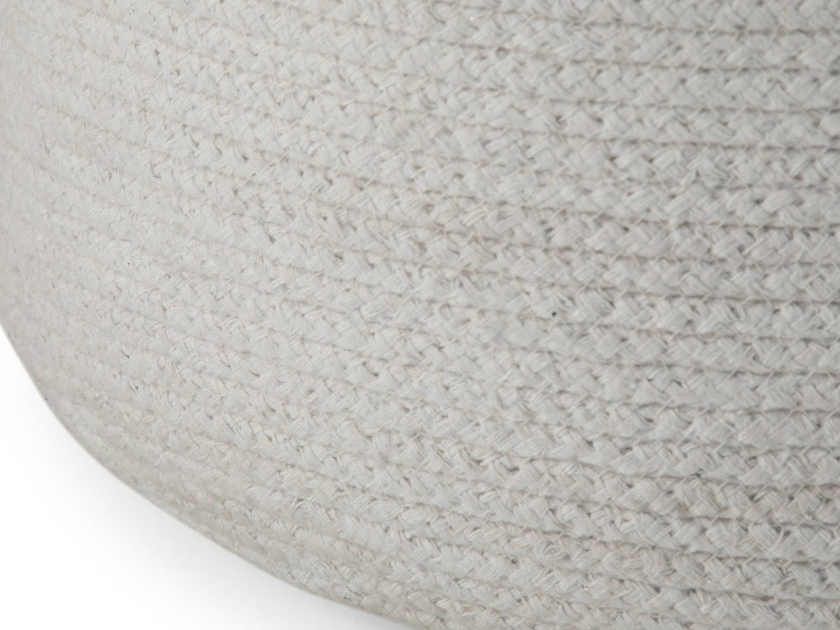 Close-up of the Bordighera Braided Jute and Cotton Round Pouf: cotton-side
