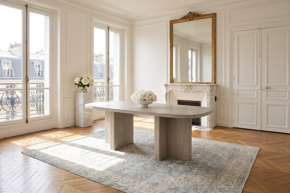 Bova 82-Inch Oval Grey Oak Veneer Dining Table in a Paris salon
