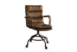 Bovalino Pillowed Top-Grain Leather Swivel Desk Chair with Wood Arms on a white background