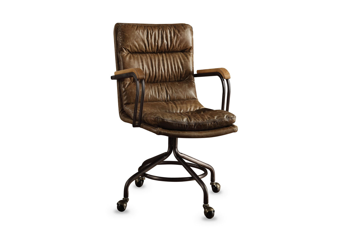 Bovalino Pillowed Top-Grain Leather Swivel Desk Chair with Wood Arms on a white background
