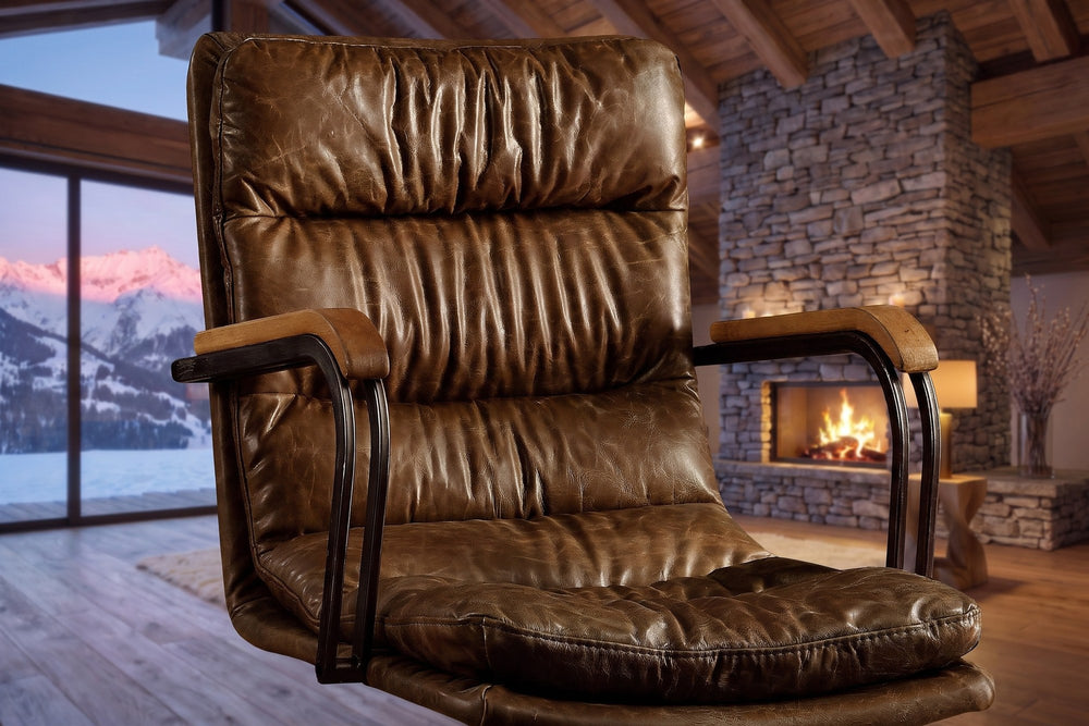 Close-up of the Bovalino Pillowed Top-Grain Leather Swivel Desk Chair with Wood Arms: back