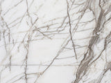 Close-up of the Bovino White Marble Hexagon Side Table: the polished white marble and taupe-grey veins of the top