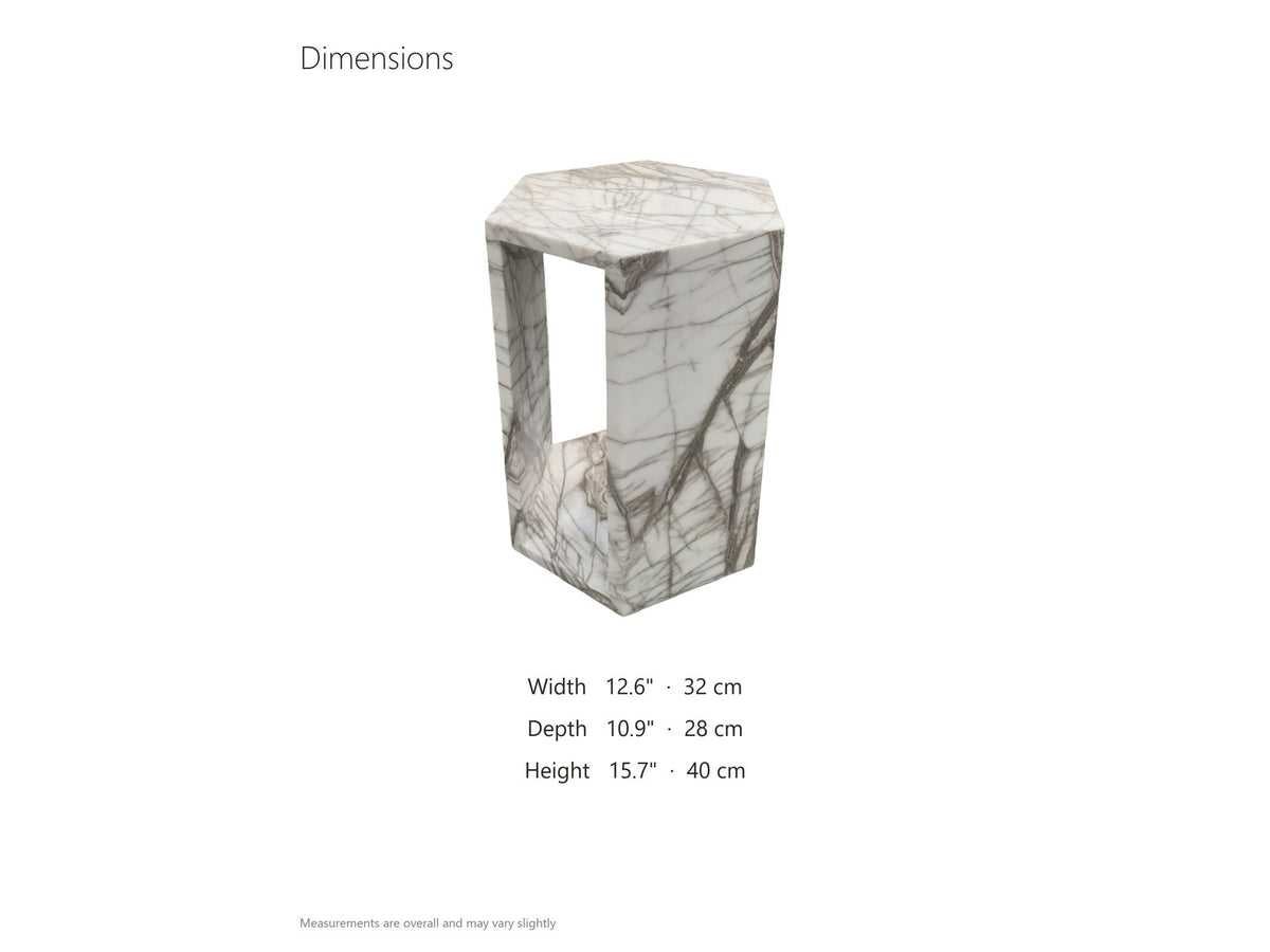 Bovino White Marble Hexagon Side Table dimensions: 12.6 in wide, 10.9 in deep, 15.7 in high