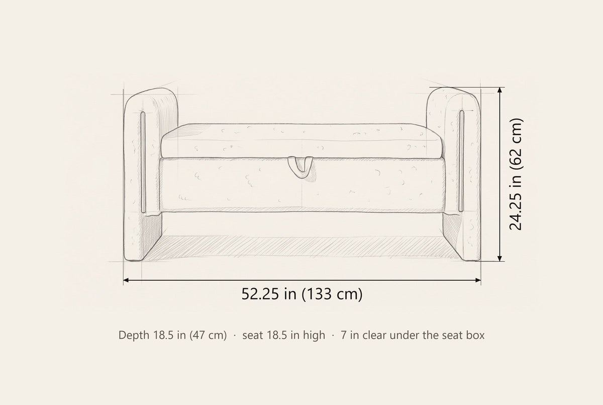 Bracciano bench dimensions: 52.25 in wide, 24.25 in high to the arms, 18.5 in deep
