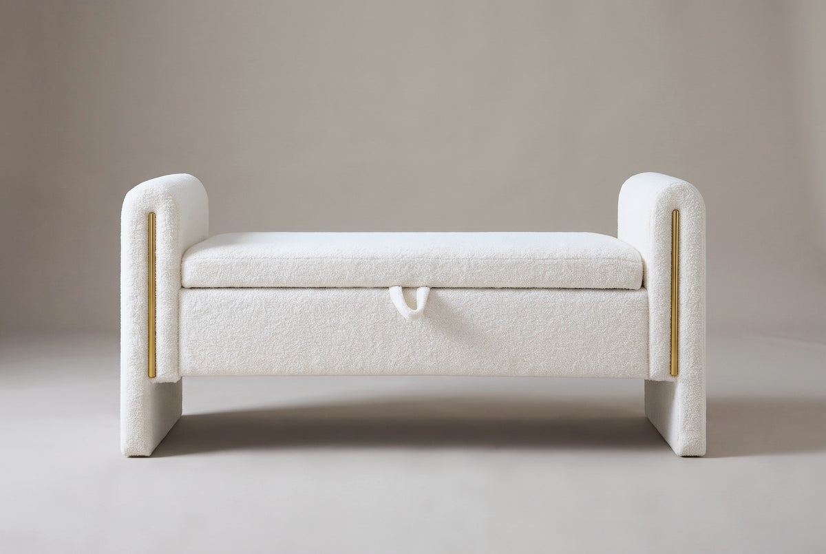 The Bracciano storage bench in cream teddy fabric, straight front view on a light studio backdrop