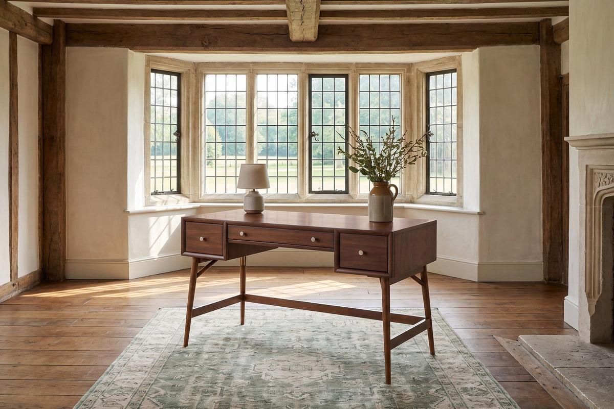 Brancaleone 51.25-Inch 3-Drawer Walnut Veneer Mid-Century Writing Desk in an English country study