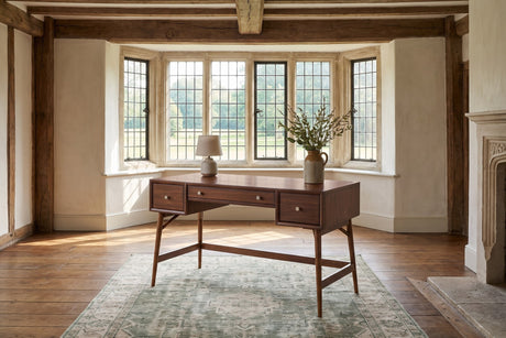 Brancaleone 51.25-Inch 3-Drawer Walnut Veneer Mid-Century Writing Desk in an English country study
