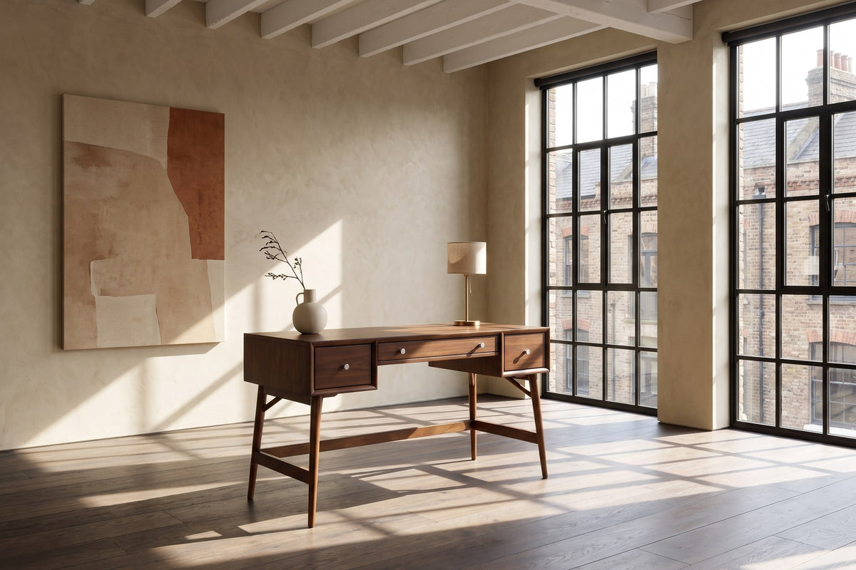 Brancaleone 51.25-Inch 3-Drawer Walnut Veneer Mid-Century Writing Desk in a city loft
