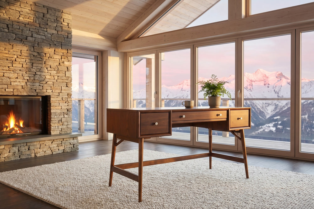 Brancaleone 51.25-Inch 3-Drawer Walnut Veneer Mid-Century Writing Desk in an alpine chalet
