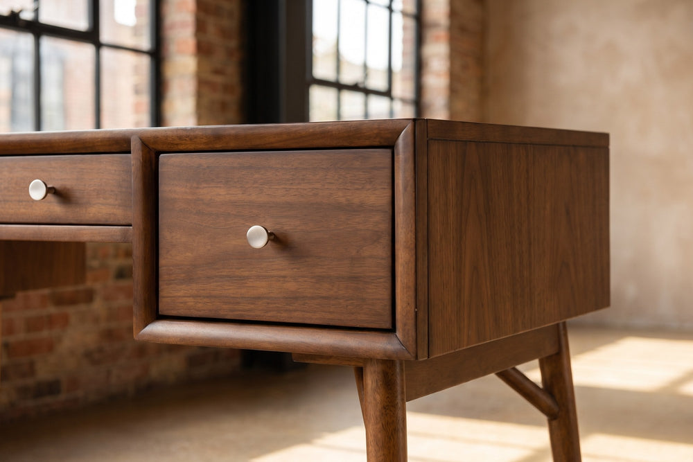 Close-up of the Brancaleone 51.25-Inch 3-Drawer Walnut Veneer Mid-Century Writing Desk: pedestal