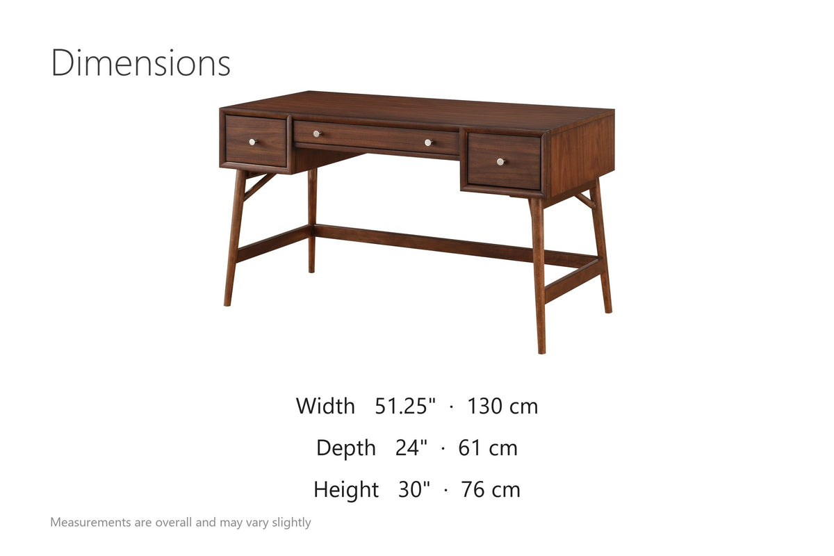 Brancaleone 51.25-Inch 3-Drawer Walnut Veneer Mid-Century Writing Desk dimensions