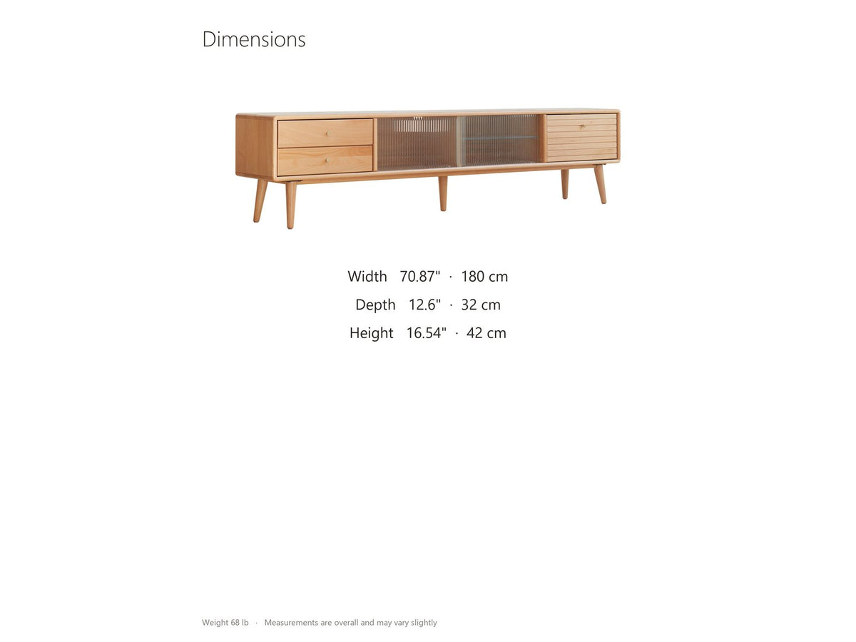 Bressanone Solid Beech Media Console dimensions: 70.87 in wide, 12.6 in deep, 16.54 in high