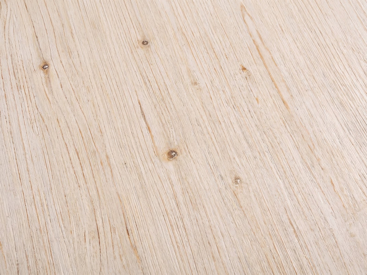 Close-up of the Brienza Reclaimed Pine Sphere-Leg Side Table: the whitewashed reclaimed pine grain of the top