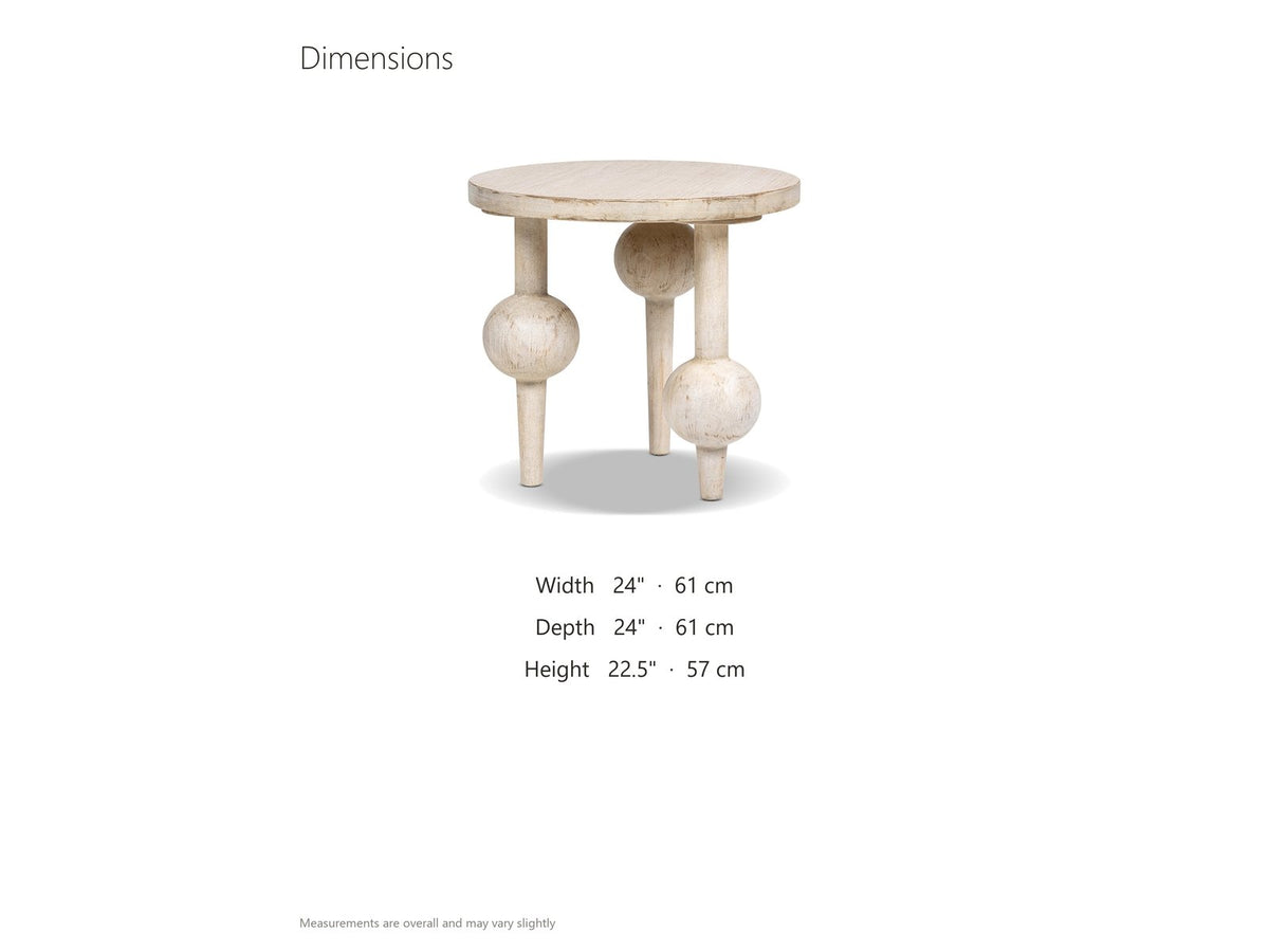 Brienza Reclaimed Pine Sphere-Leg Side Table dimensions: 24.0 in wide, 24.0 in deep, 22.5 in high